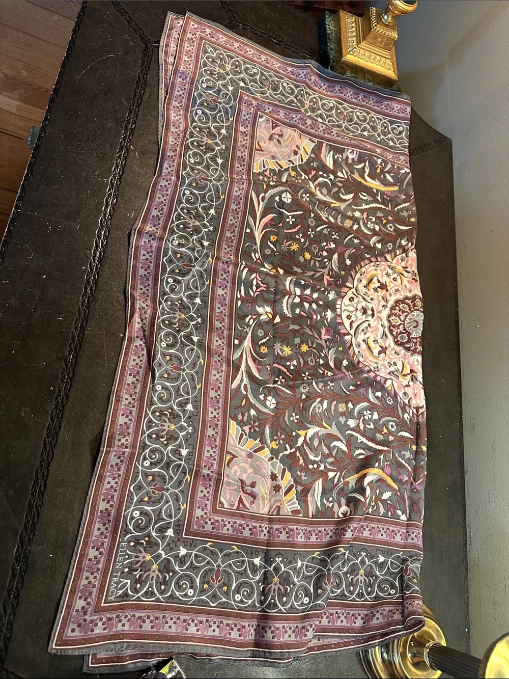 ELLEN TRACY Floral Medallion Square 100% Silk Scarf in Mauve and gray